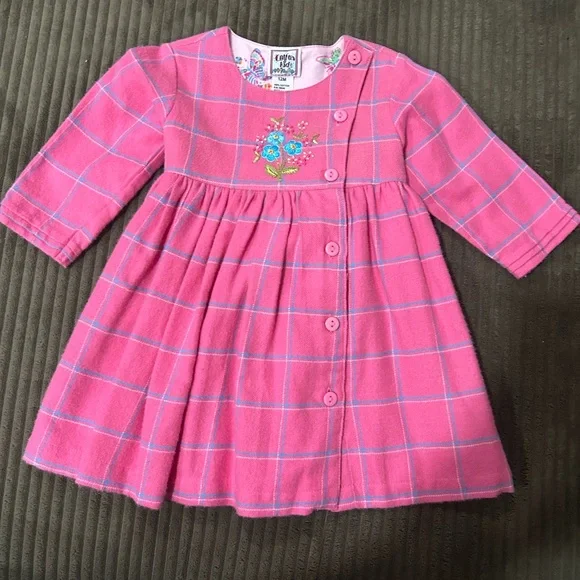 Girls' Pink Plaid Button-Front Dress with Floral Embroidery - Picture 1 of 3